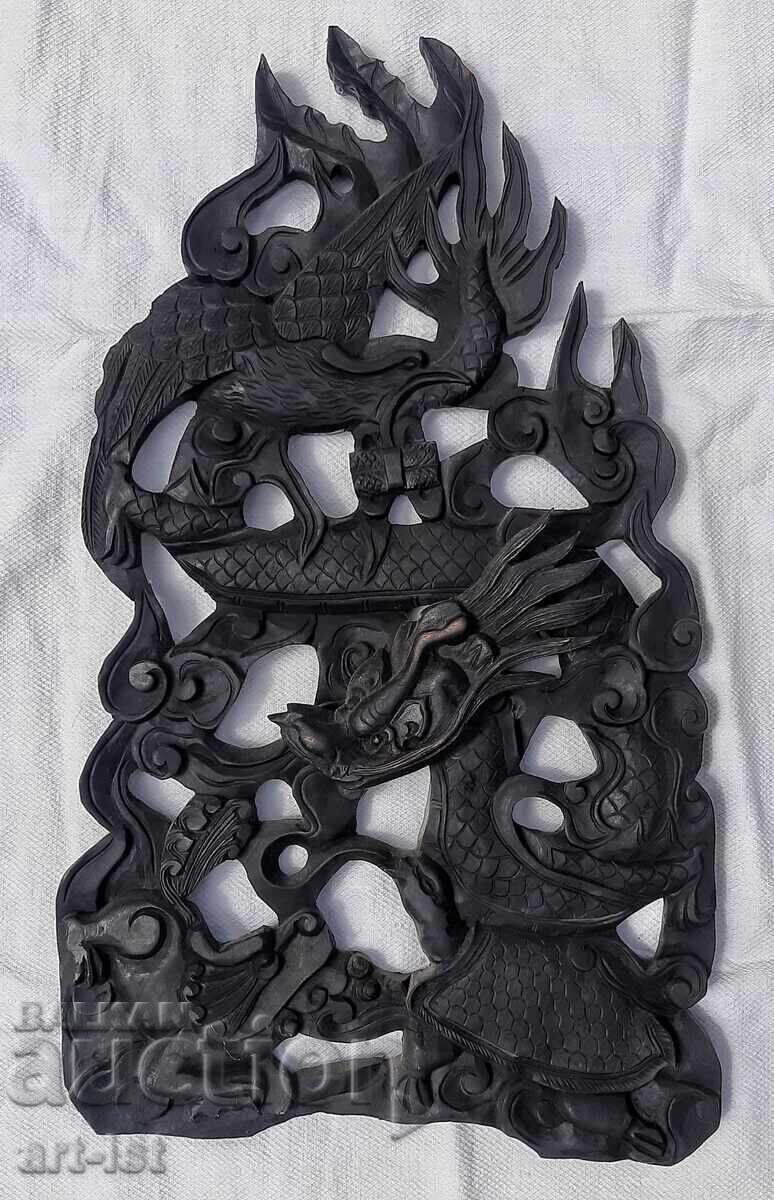 Πολύ όμορφη ξυλόγλυπτη με Κινέζικο δράκο, πουλί Φοίνικα