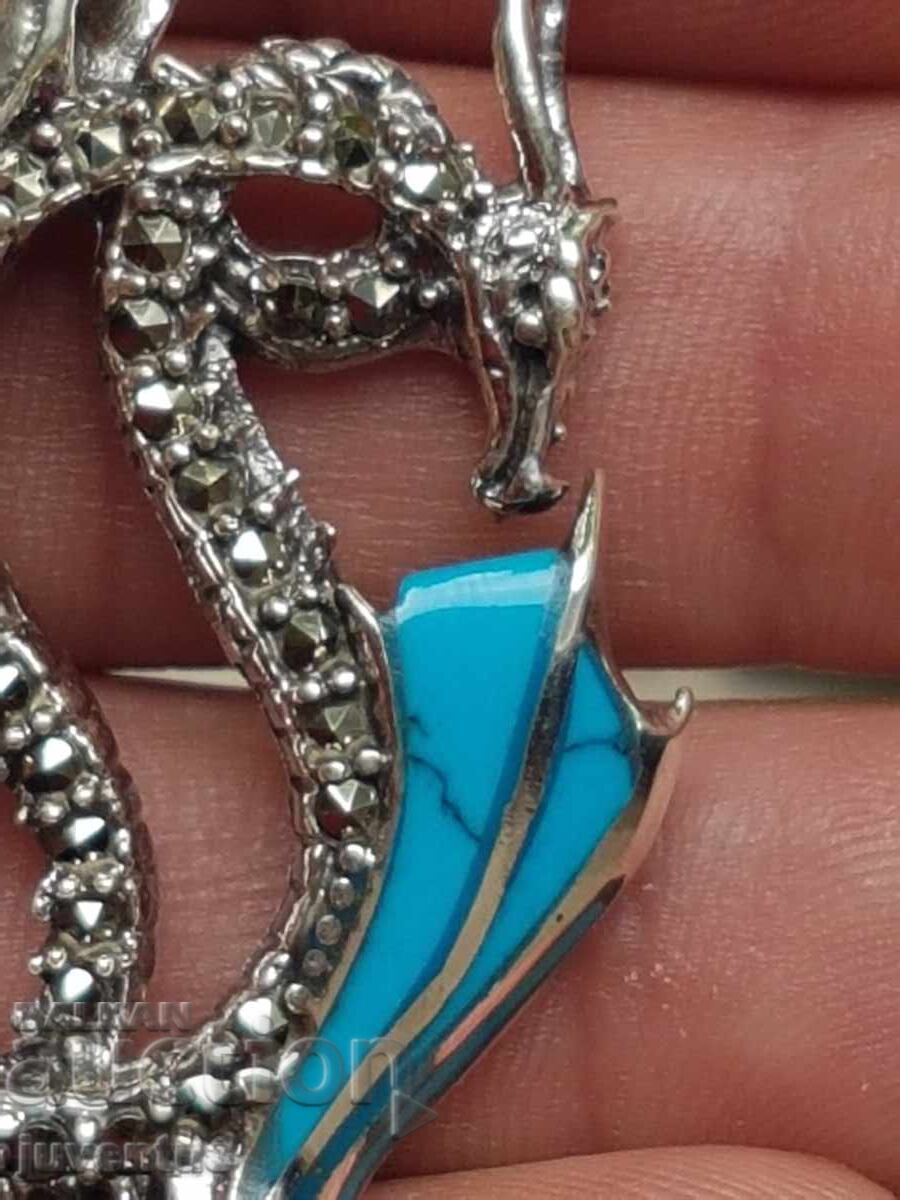 Ασημένιο μενταγιόν - Δράκος με τυρκουάζ και μαρκαζίτες με τιμή 99.00 BGN | € 50.62