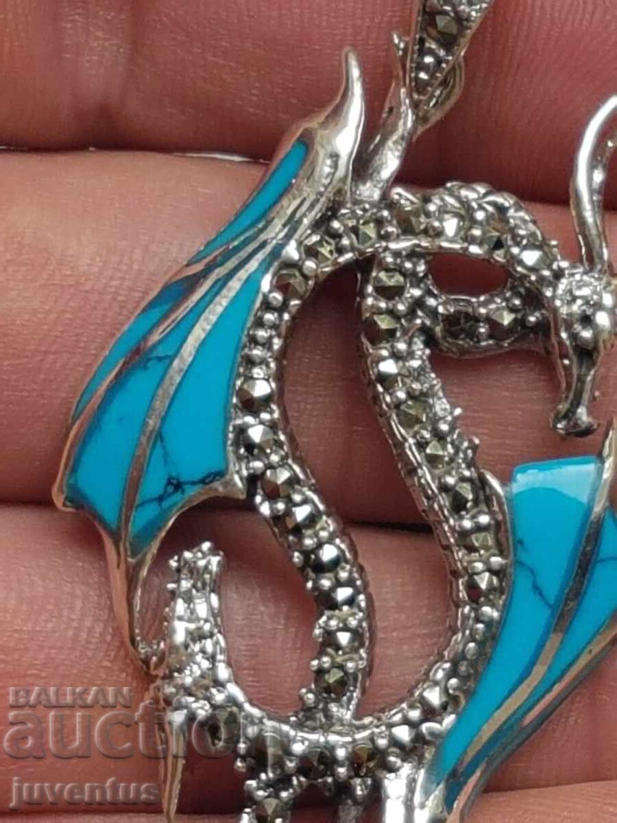 Δημοπρασία Ασημένιο μενταγιόν - Δράκος με τυρκουάζ και μαρκαζίτες