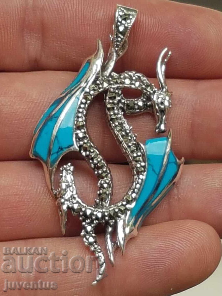 Ασημένιο μενταγιόν - Δράκος με τυρκουάζ και μαρκαζίτες