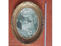 Goblen vechi „Peisaj” în ramă frumoasă de lemn