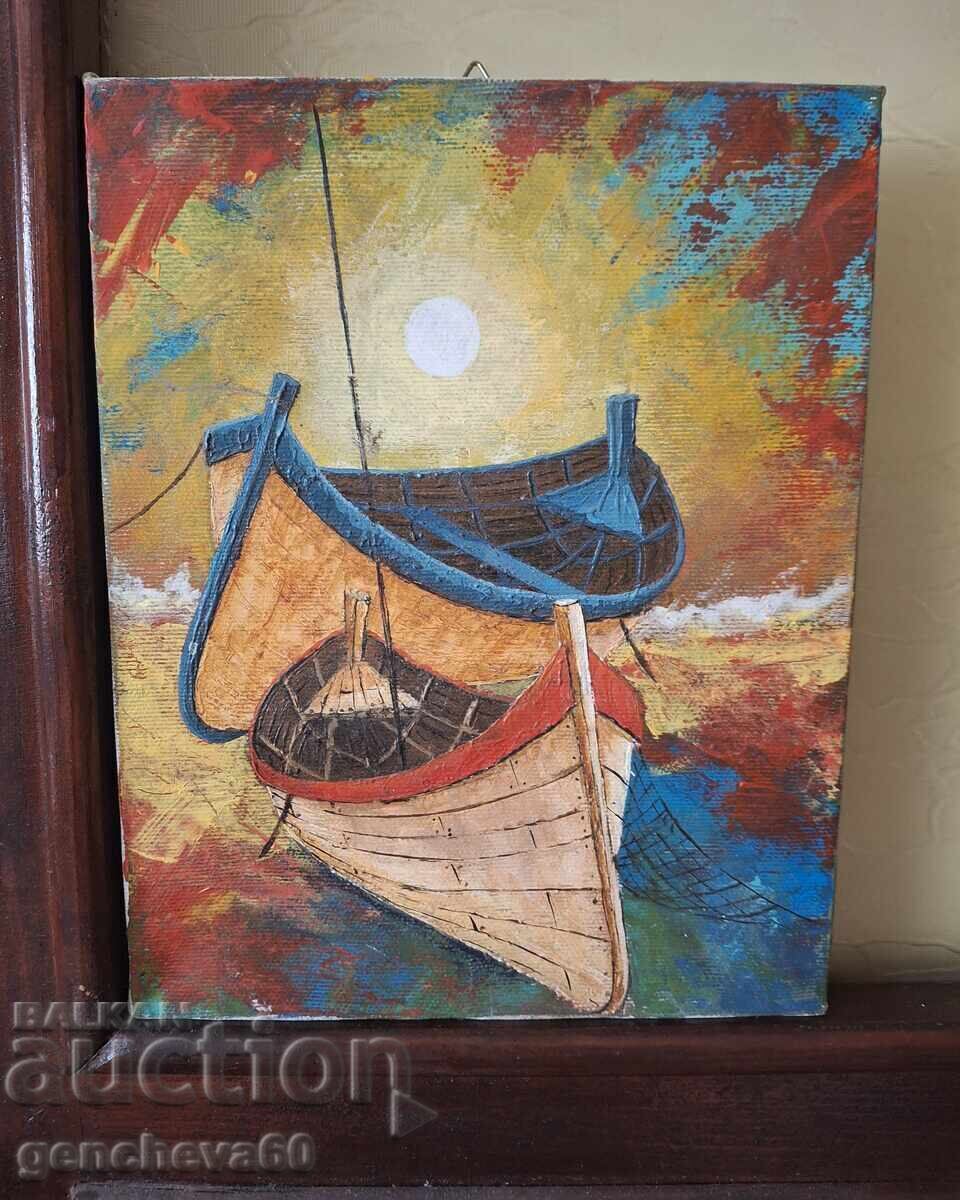 Painting "Boats" - oil on canvas, framed with price € 15.00 | 29.34 BGN