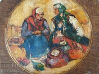 Farfurie din lemn pictată, tanur, pictură din lemn