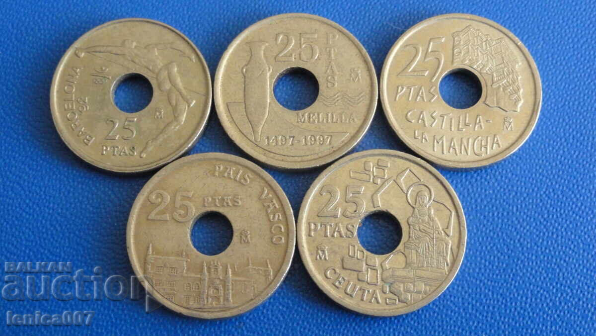 Испания - 25 песети (5 броя) с цена 4.40 лв. | € 2.25 Испания - 25 песети (5 броя) с цена 4.40 лв. | € 2.25