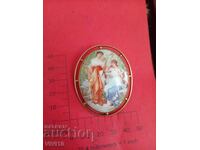 Antique porcelain brooch, England, Gold plated