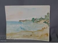 Pictură veche de maestru, acuarelă, peisaj marin