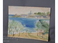 Pictură veche de maestru, acuarelă, peisaj marin