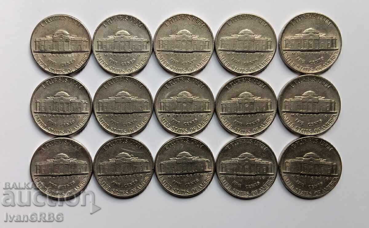 Auction 5 US cents 1976 - 1990 15 coins consecutive years America 76- Auction 5 US cents 1976 - 1990 15 coins consecutive years America 76-