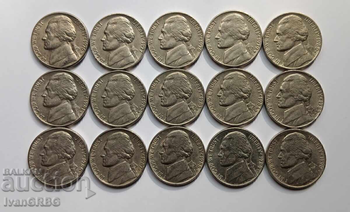 Delivery of 5 US cents 1976 - 1990 15 coins consecutive years America 76- Delivery of 5 US cents 1976 - 1990 15 coins consecutive years America 76-