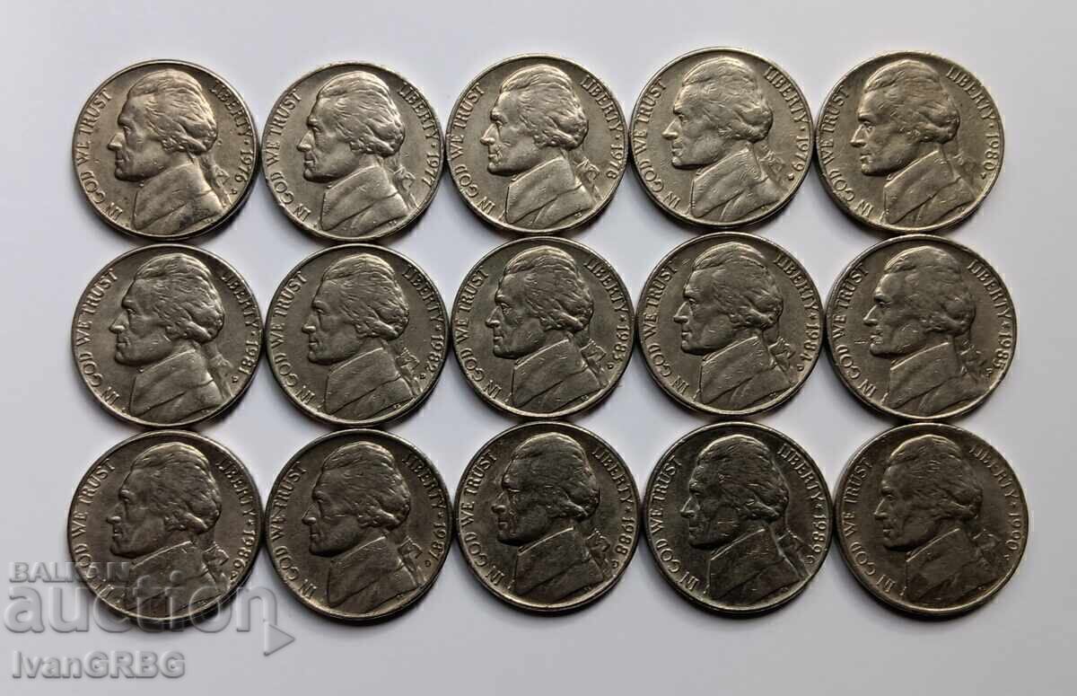 5 US cents 1976 - 1990 15 coins consecutive years America 76- - 5 5 US cents 1976 - 1990 15 coins consecutive years America 76- - 5