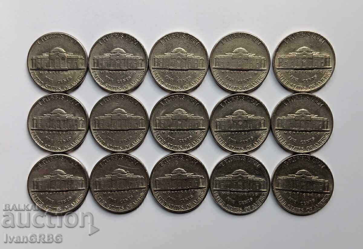 5 US cents 1976 - 1990 15 coins consecutive years America 76- 5 US cents 1976 - 1990 15 coins consecutive years America 76-