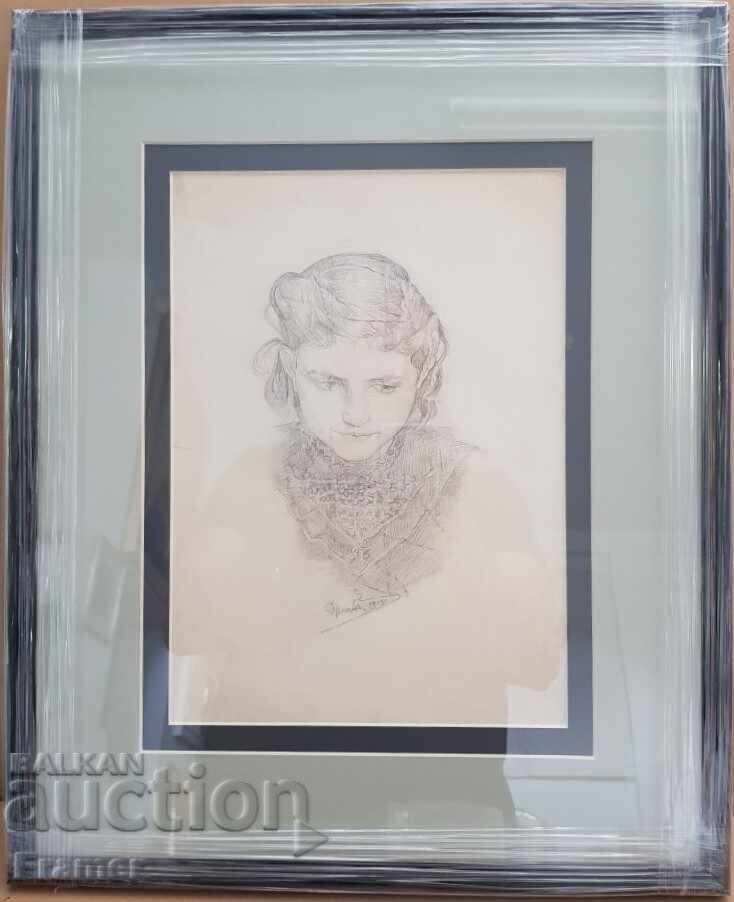 S. Markov Βουλγαρικό κορίτσι 1913 λεπτομερές σχέδιο με μολύβι με τιμή 480.00 BGN | € 245.42