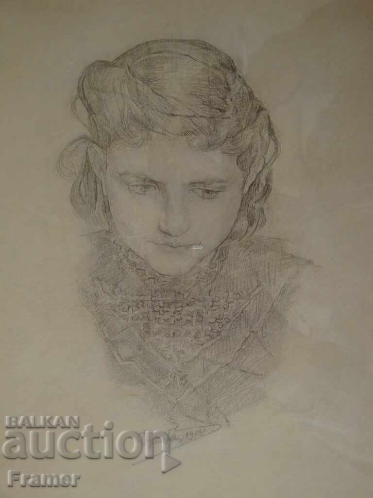 S. Markov Βουλγαρικό κορίτσι 1913 λεπτομερές σχέδιο με μολύβι