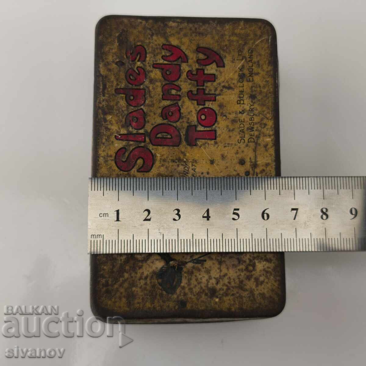 Old metal box piggy bank Slade's Dandy Toffee #5910 - 5 Old metal box piggy bank Slade's Dandy Toffee #5910 - 5