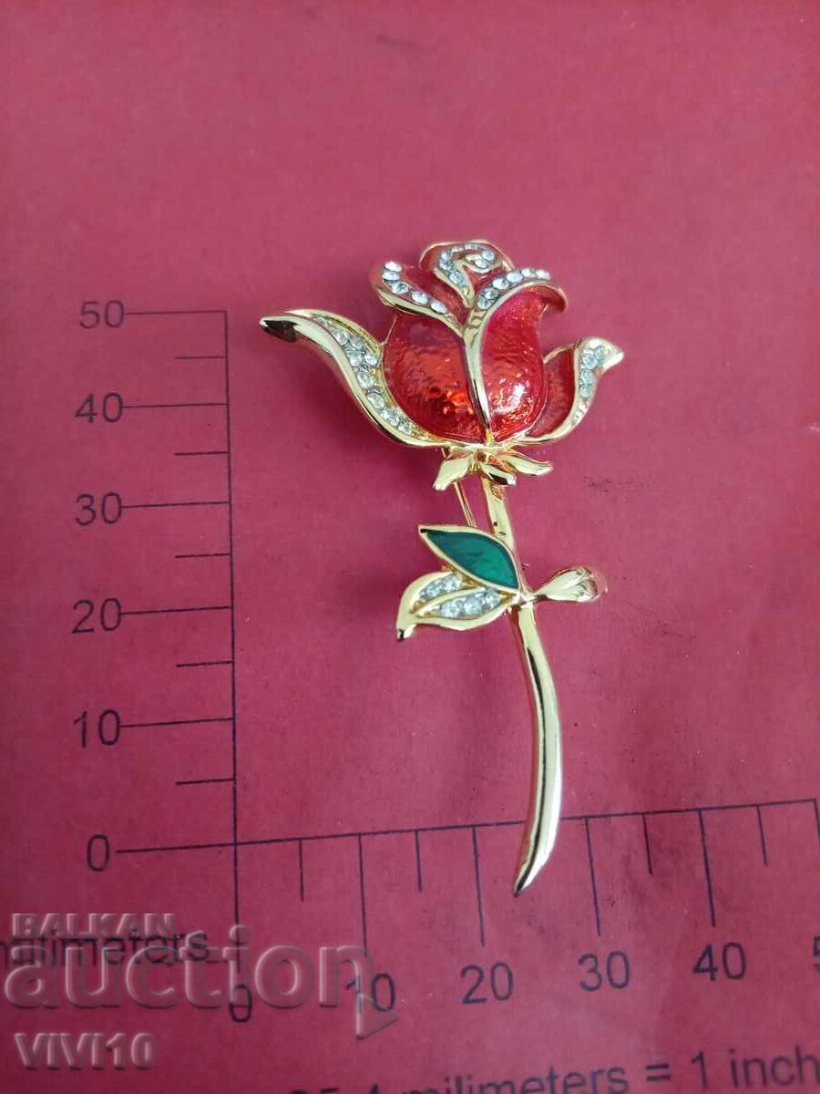 Broșă veche email, trandafir