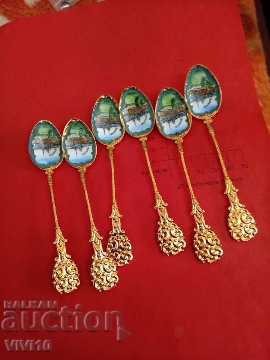 6 enamel spoons, Gilt, Leningrad