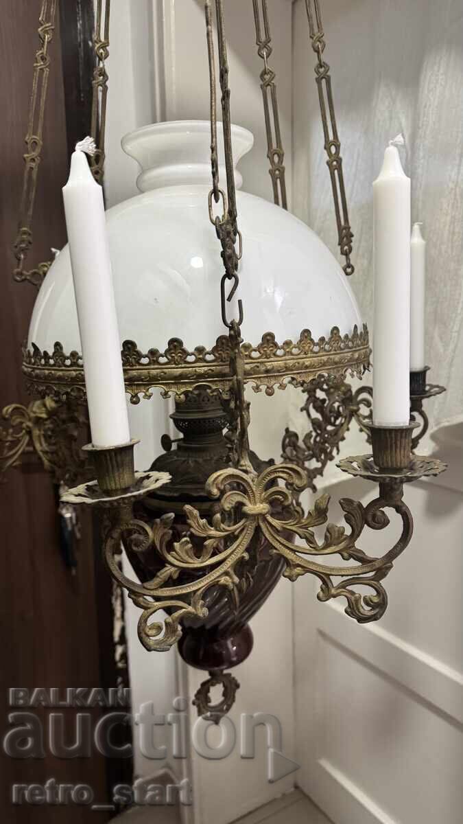 Антикварен Френски полюлей, петролна лампа и свещници - 6