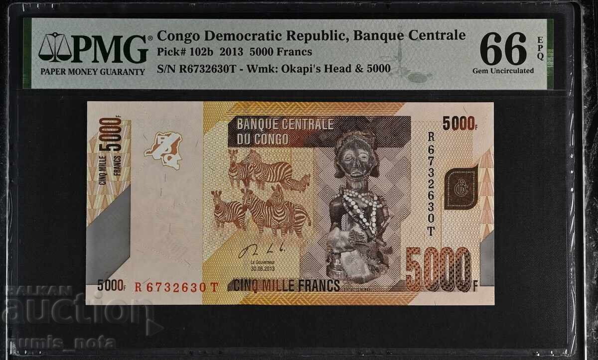 Congo 5000 Francs 2013 Year PMG 66