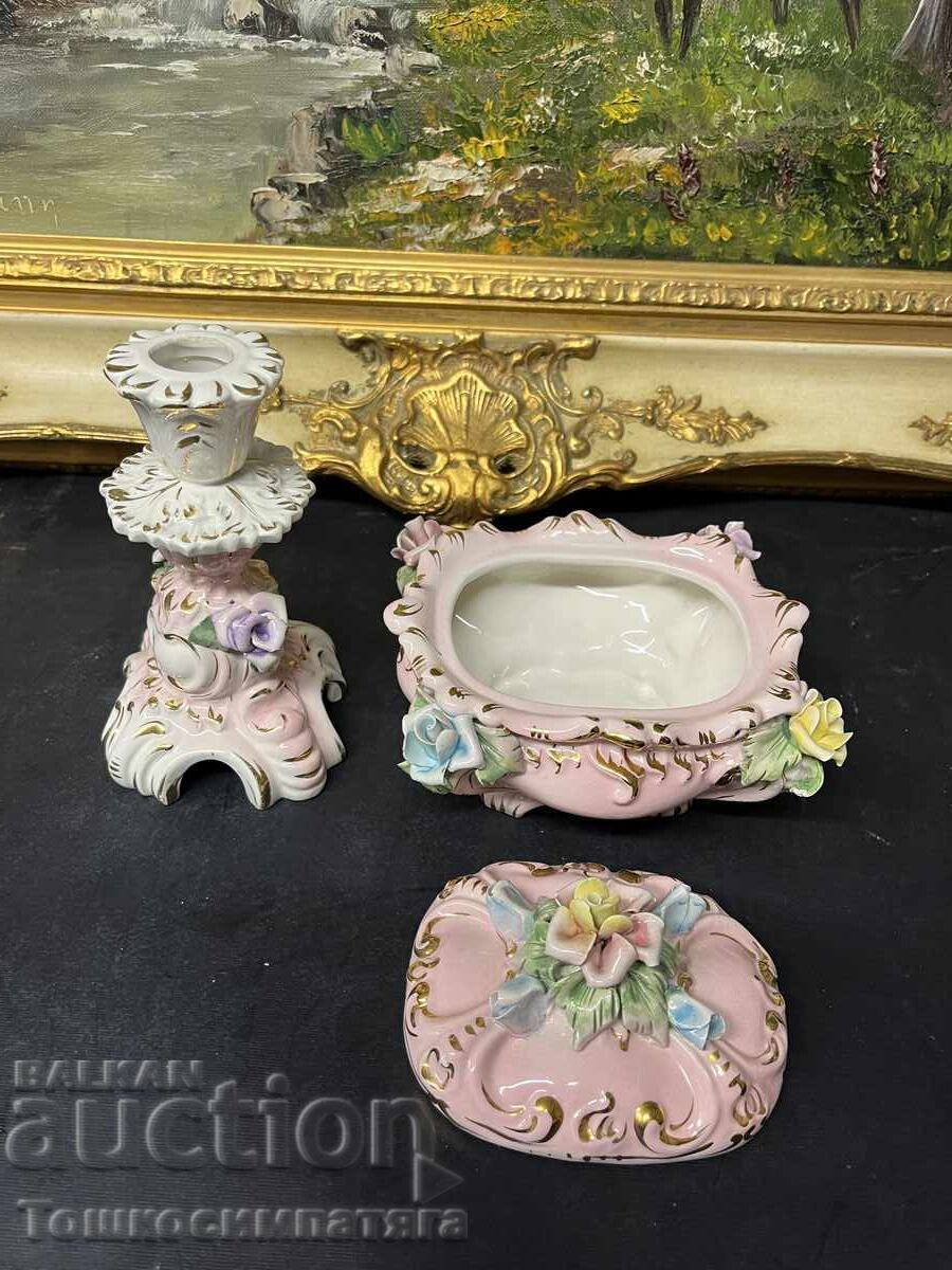 Δημοπρασία Ιταλικό πορσελάνινο κηροπήγιο και κουτί κοσμημάτων