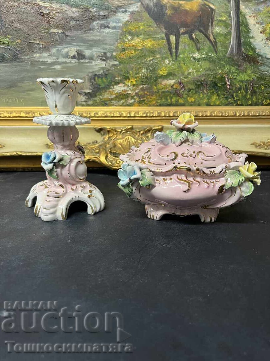 Ιταλικό πορσελάνινο κηροπήγιο και κουτί κοσμημάτων