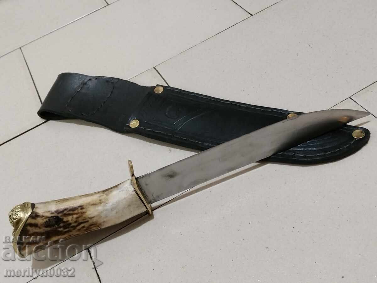 Auction  Hunting knife with sheath, deer antler handle, chrome blade