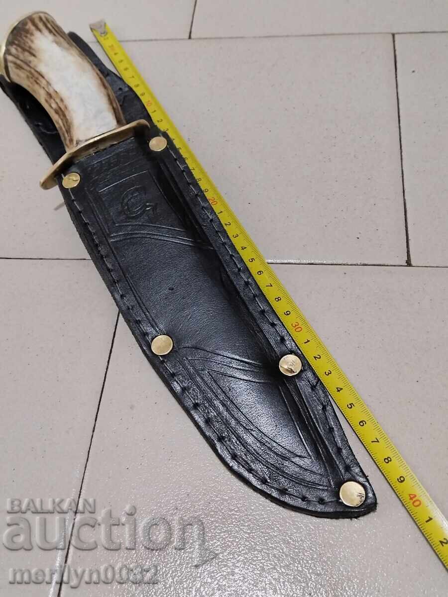 Hunting knife with sheath, deer antler handle, chrome blade - 5