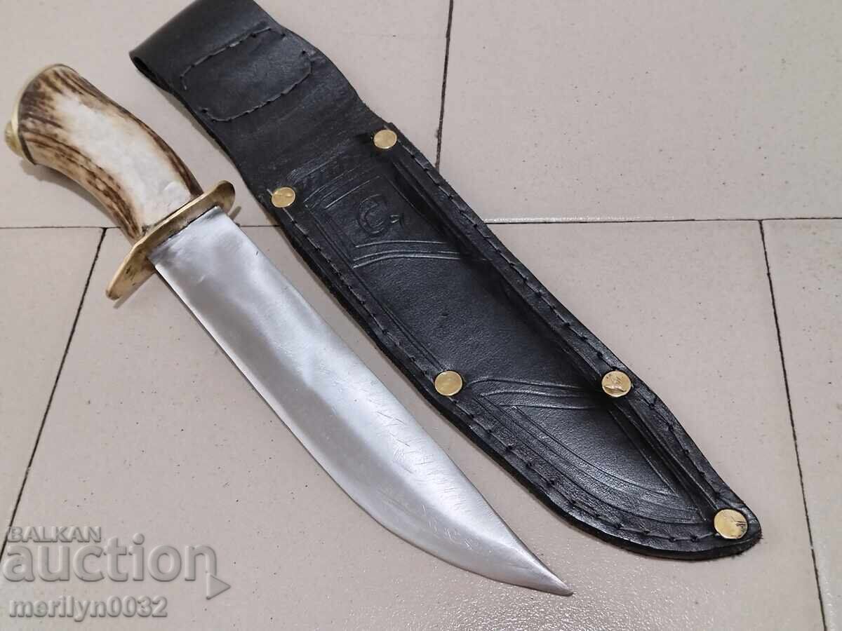 Hunting knife with sheath, deer antler handle, chrome blade