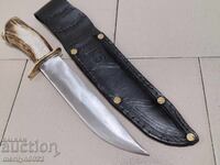 Hunting knife with sheath, deer antler handle, chrome blade