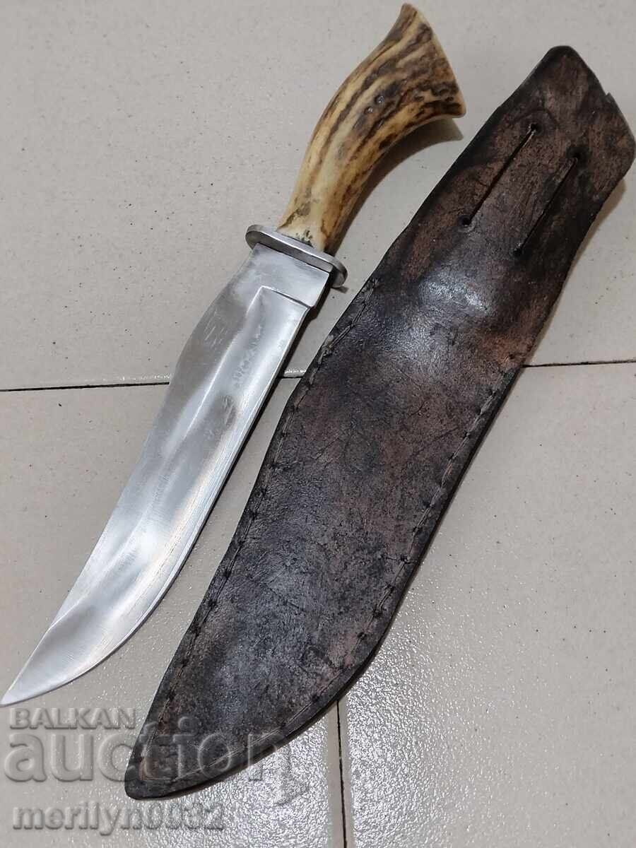 Auction  Hunting knife with sheath, deer antler handle