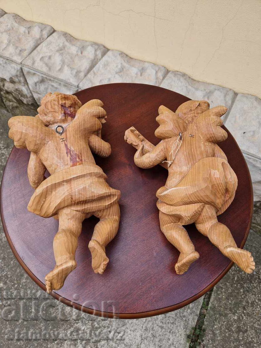 Pair of Unique Antique Wooden Angel Figures - 7 Pair of Unique Antique Wooden Angel Figures - 7