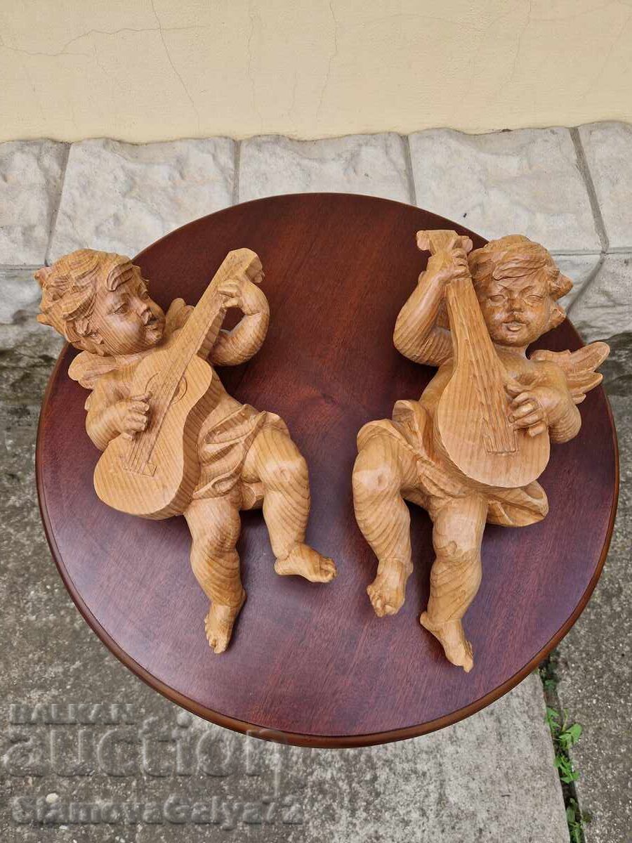 Pair of Unique Antique Wooden Angel Figures Pair of Unique Antique Wooden Angel Figures