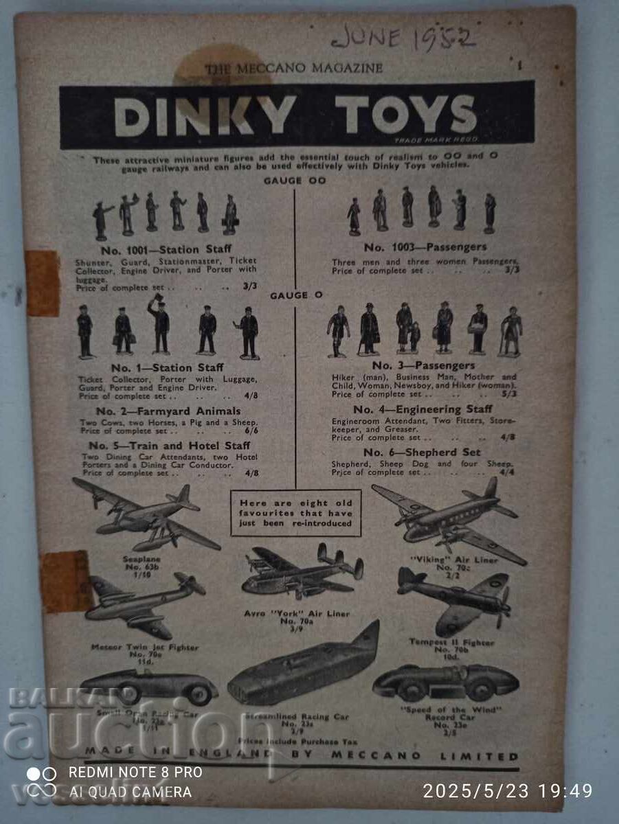 Revistă veche de jucării din 1952 cu recenzii Dinky, Matchbox
