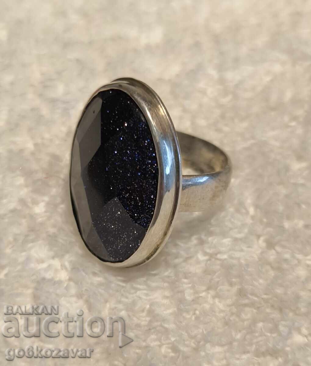 Ring, star stone with natural blue sandstone, silver 925