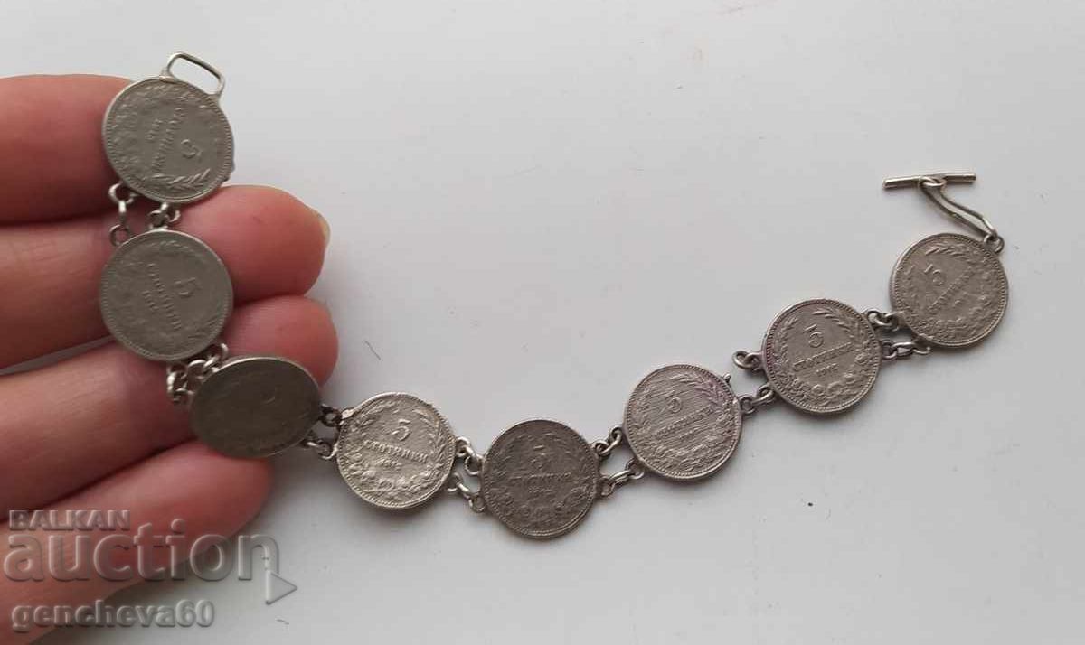 Old coin bracelet with coins of 5 stotinki - 1906, 1912 and 1913 - 5 Old coin bracelet with coins of 5 stotinki - 1906, 1912 and 1913 - 5