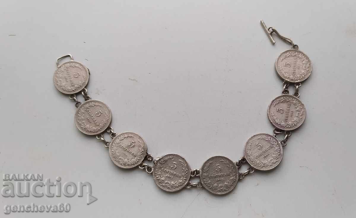 Old coin bracelet with coins of 5 stotinki - 1906, 1912 and 1913 Old coin bracelet with coins of 5 stotinki - 1906, 1912 and 1913