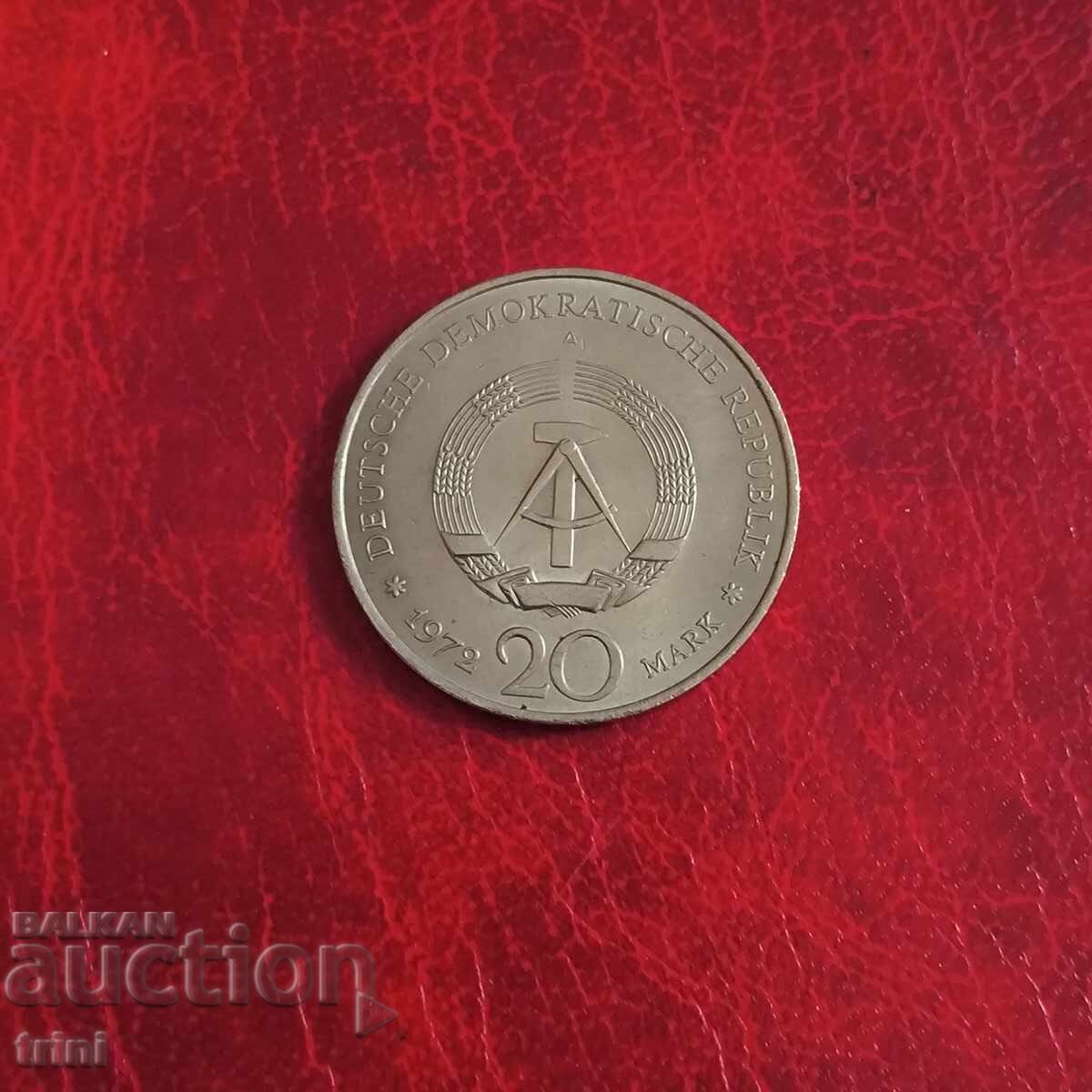 Germany - GDR 20 Mark 1972 Friedrich Schiller with price 10.00 BGN | € 5.11