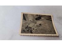 Снимка Стара дървена ръчно направена шейна и черно куче