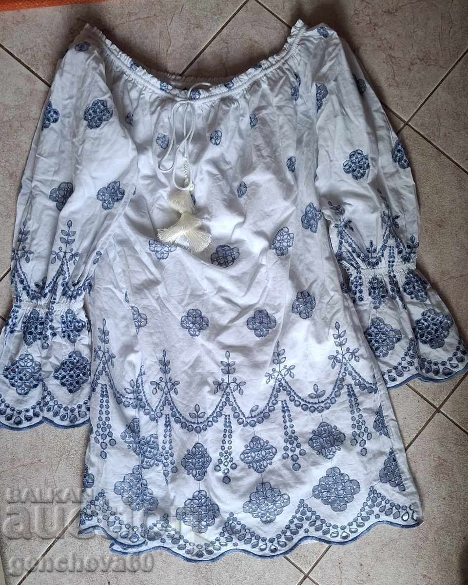 Fashionable white long shirt with beautiful cutwork embroidery with price 45.00 BGN | € 23.01