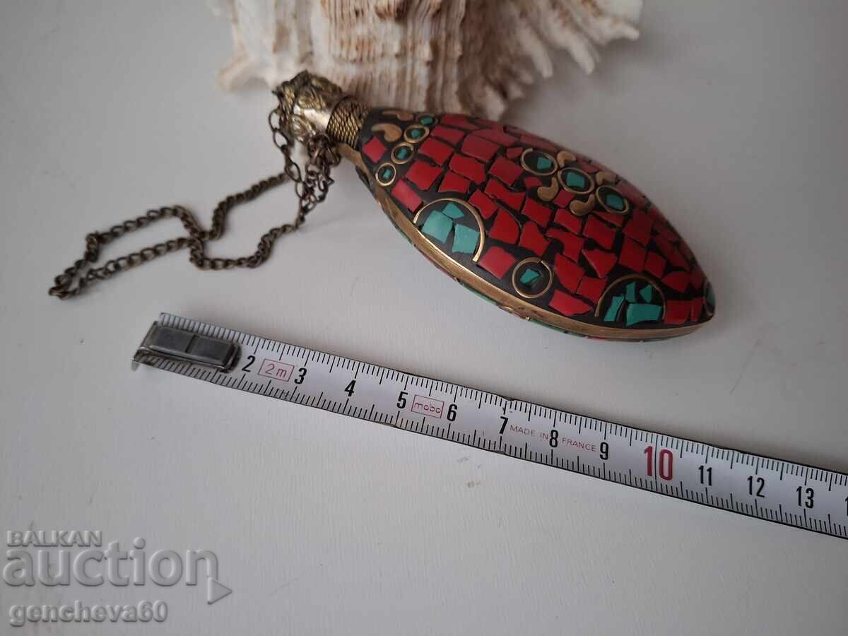 Retro bronze pendant, oil bottle, mosaic, turquoise, coral with price € 60.00 | 117.35 BGN