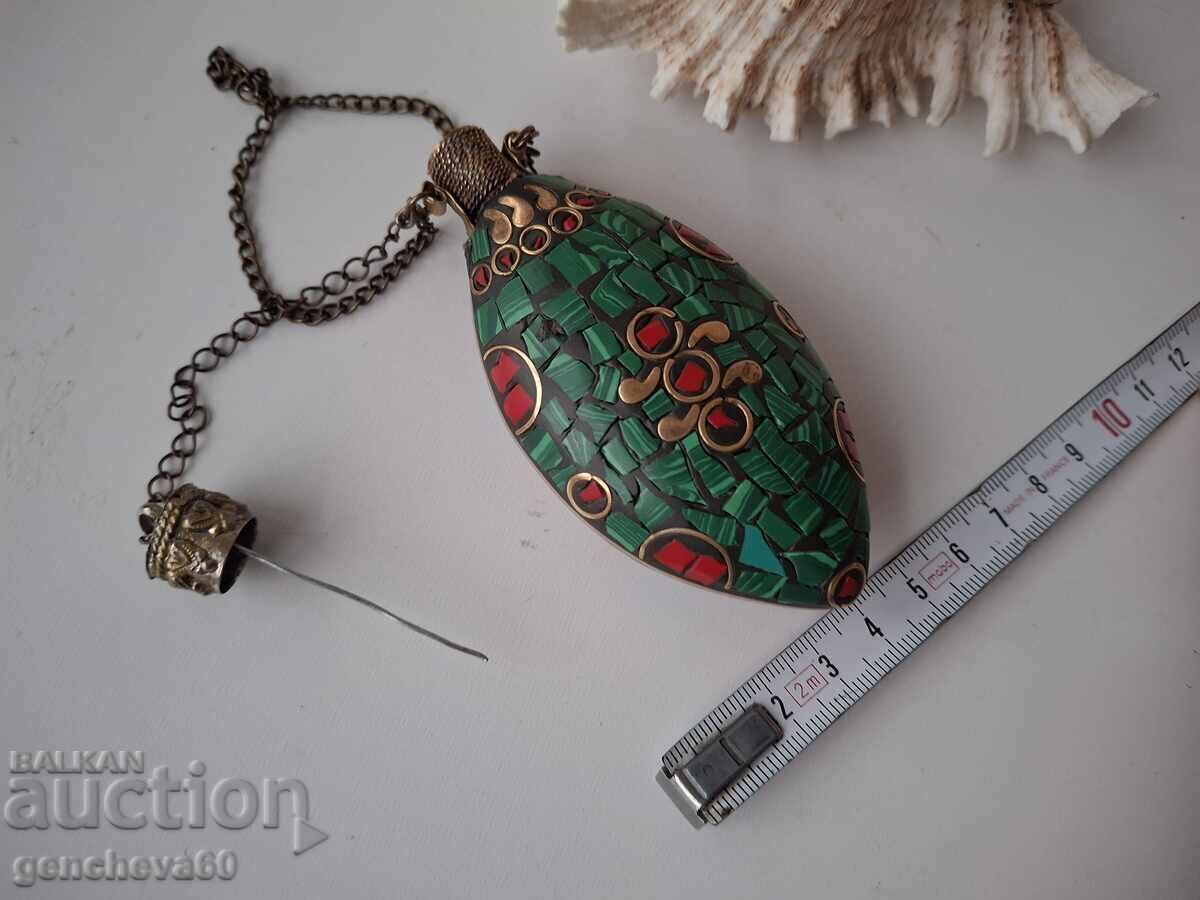 Auction  Retro bronze pendant, oil bottle, mosaic, turquoise, coral