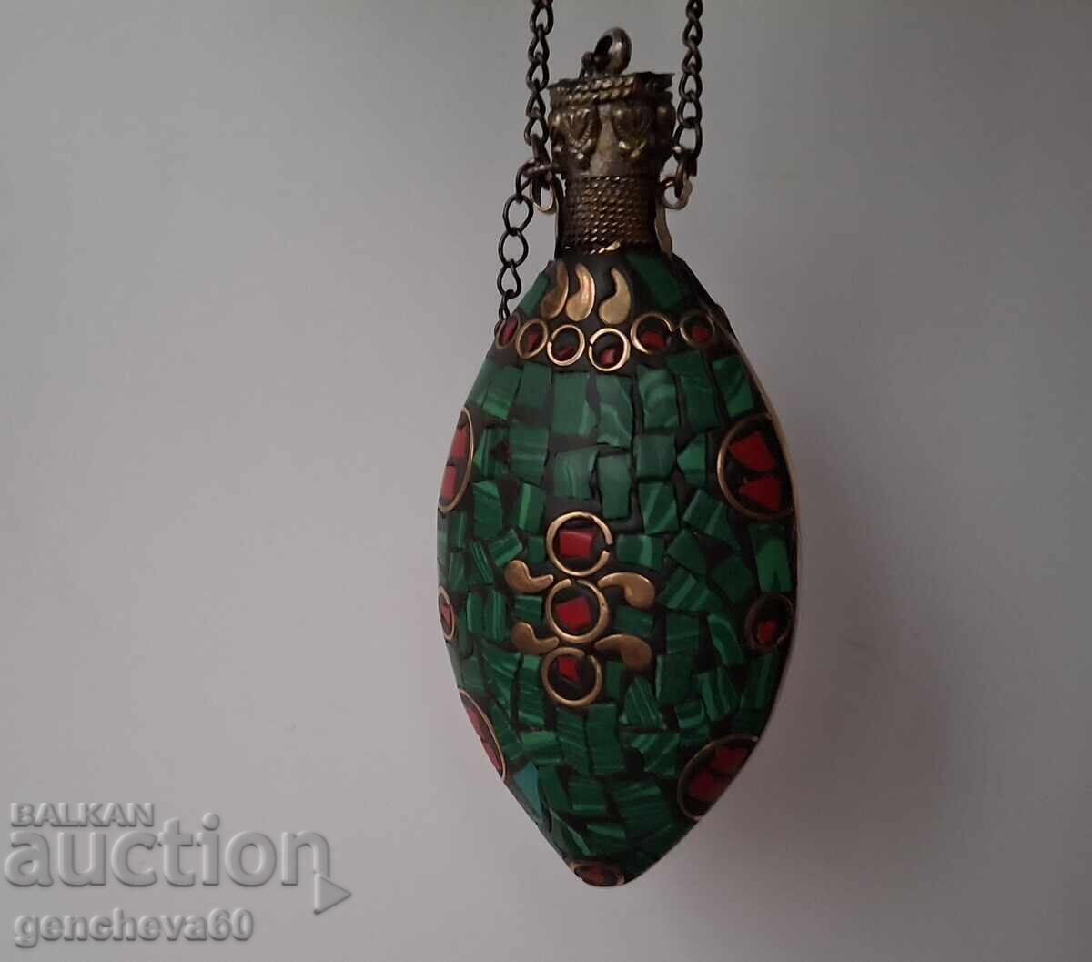 Retro bronze pendant, oil bottle, mosaic, turquoise, coral - 5