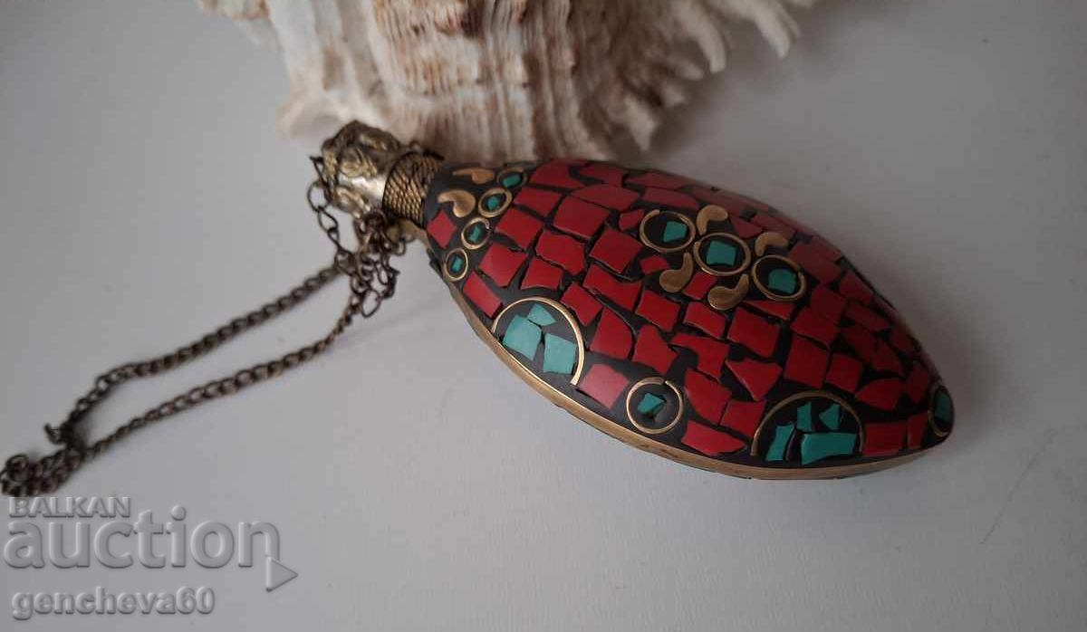 Retro bronze pendant, oil bottle, mosaic, turquoise, coral - 6