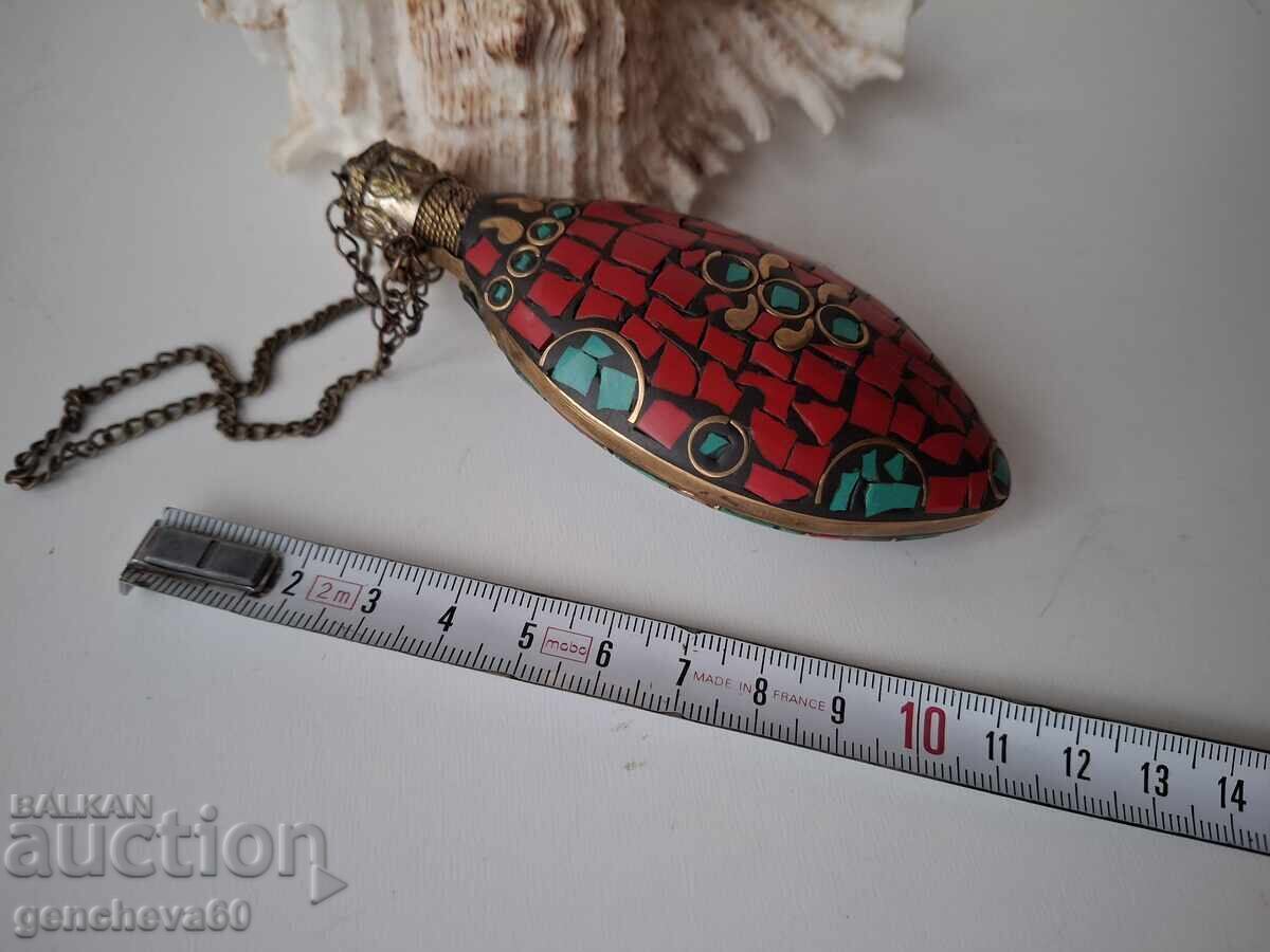Retro bronze pendant, oil bottle, mosaic, turquoise, coral - 7