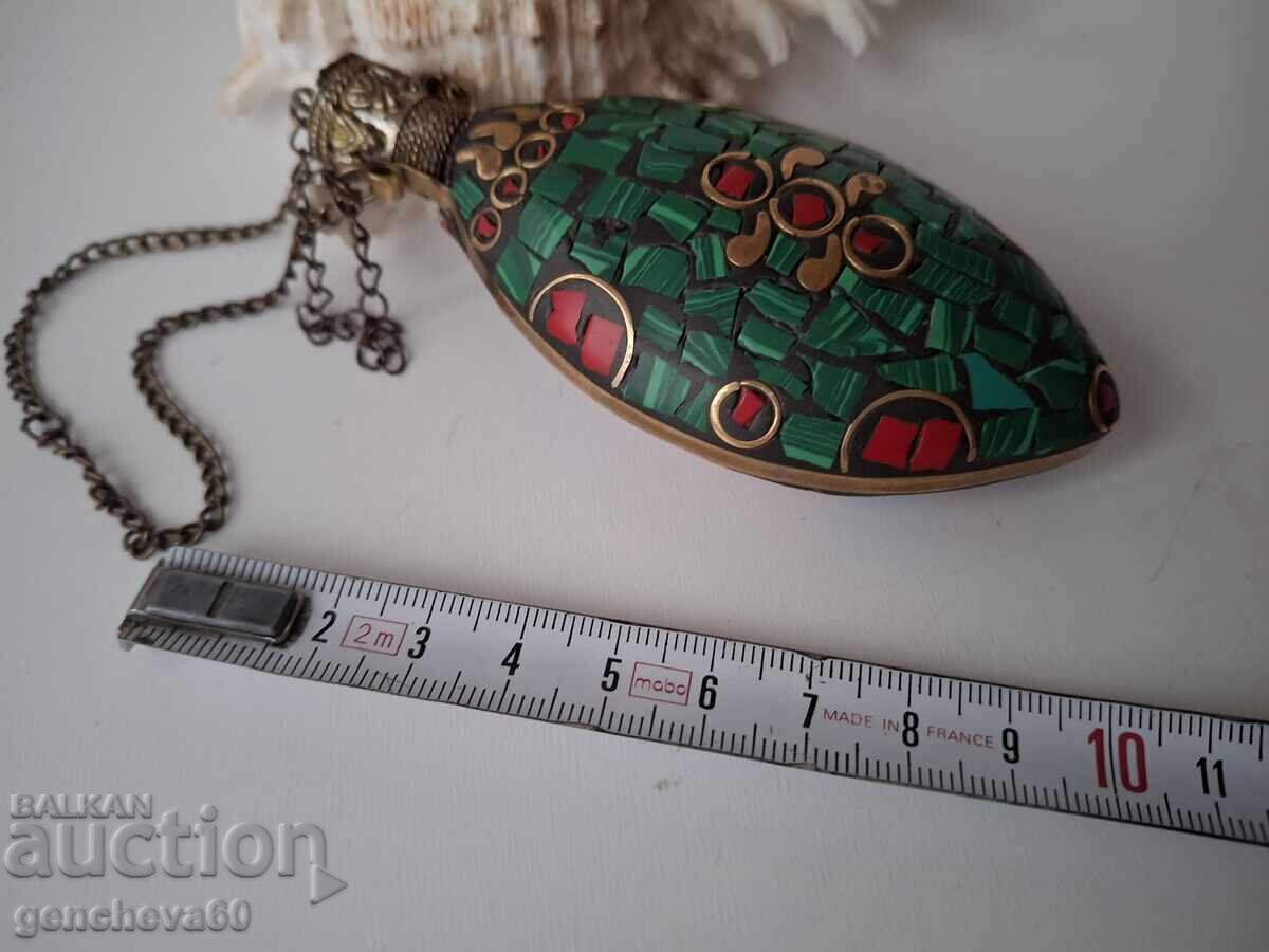 Retro bronze pendant, oil bottle, mosaic, turquoise, coral
