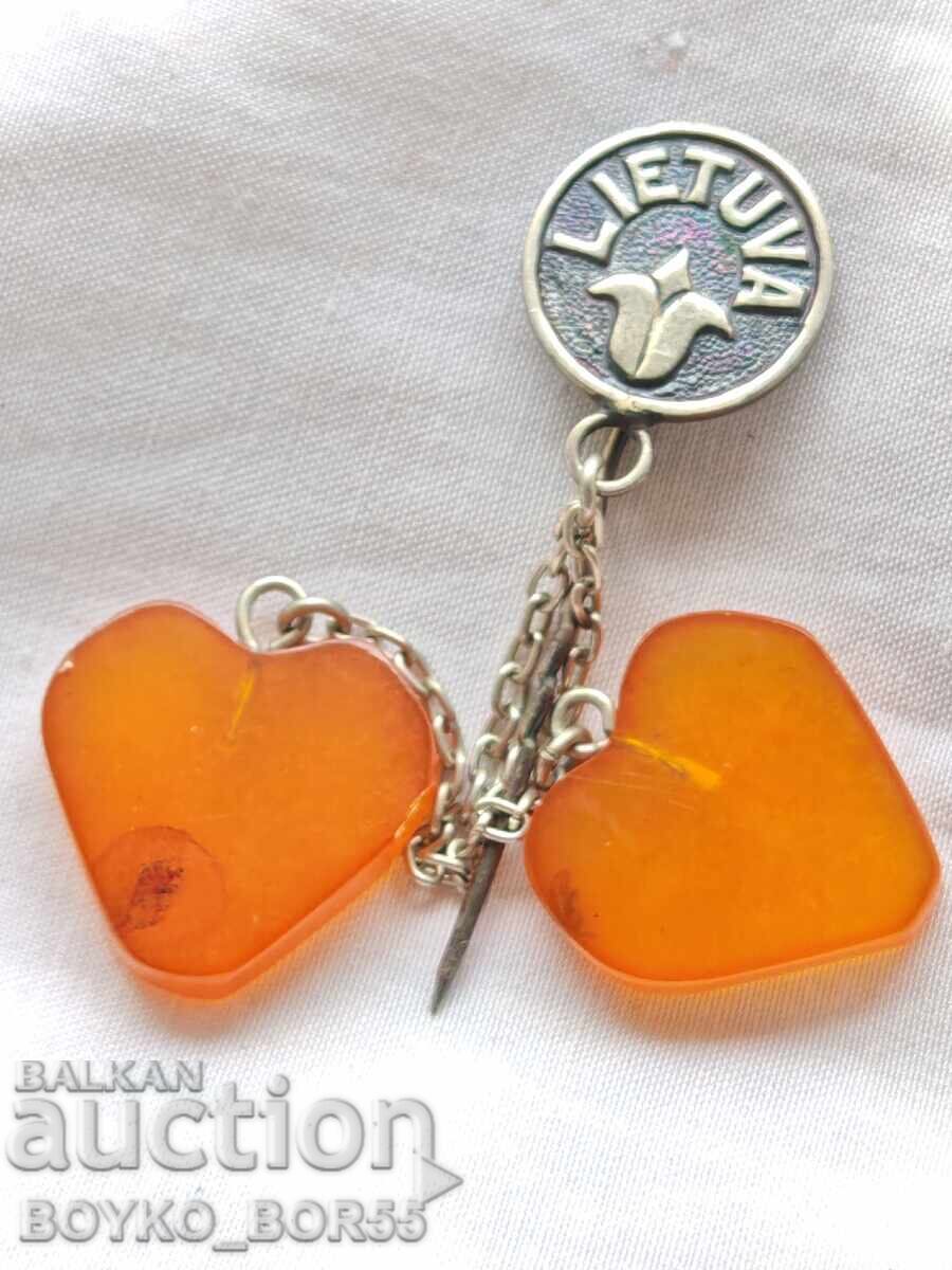 Λατβική Σοβιετική Ένωση, Μπροστινή Καρφίτσα, Μελχιόρ με Κεχριμπάρι, δεκαετία 1970 Λατβική Σοβιετική Ένωση, Μπροστινή Καρφίτσα, Μελχιόρ με Κεχριμπάρι, δεκαετία 1970