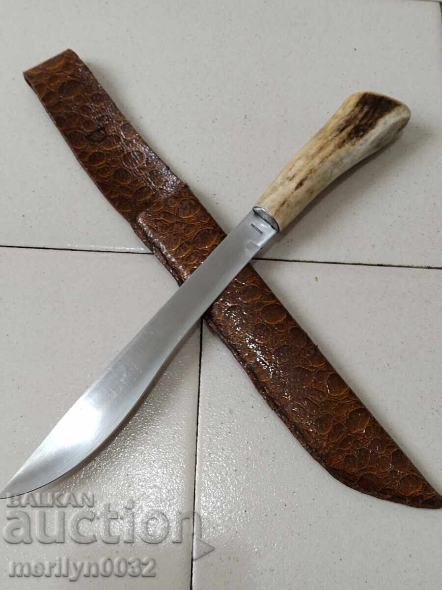 Κυνηγετικό μαχαίρι με θήκη, λαβή από κέρατο ελαφιού, γερμανική λεπίδα για μεζέδες