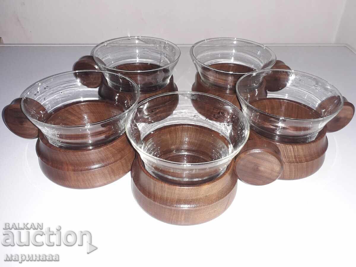 OLD BOWL SET. WOOD, GLASS OLD BOWL SET. WOOD, GLASS