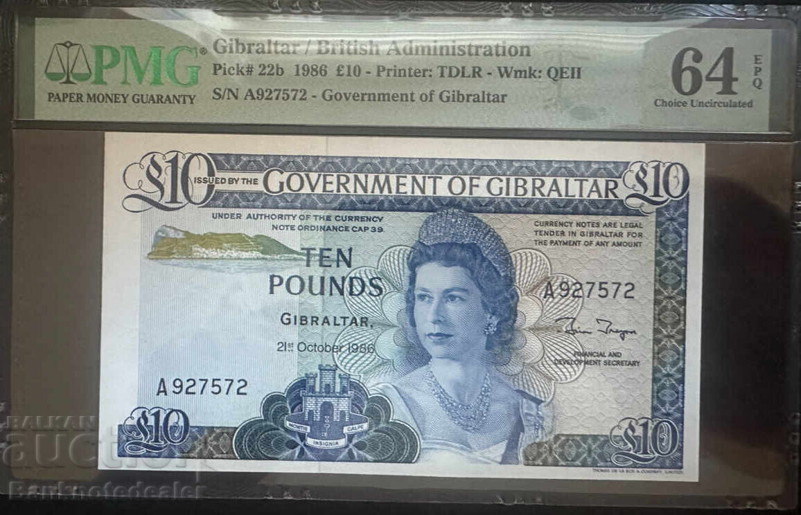 Gibraltar  10 Pounds 1986 Pick 22b PMG 64