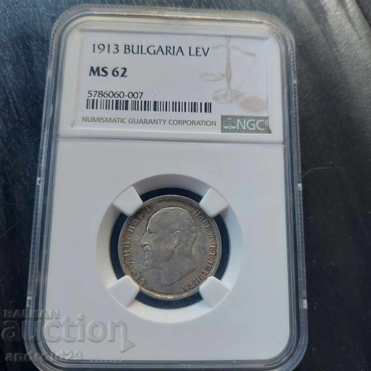 1 lev 1913 godina Regatul Bulgariei - MS62 de la NGS / Monedă