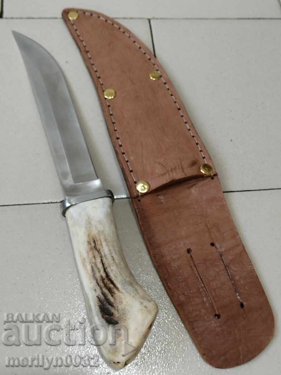 Κυνηγετικό μαχαίρι με θήκη, λαβή από κέρατο ελαφιού - 6